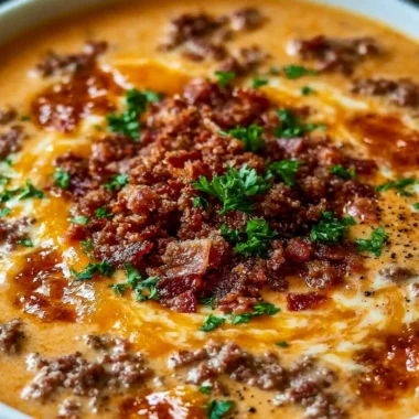Bowl of easy Bacon Cheeseburger Soup garnished with cheese and bacon bits