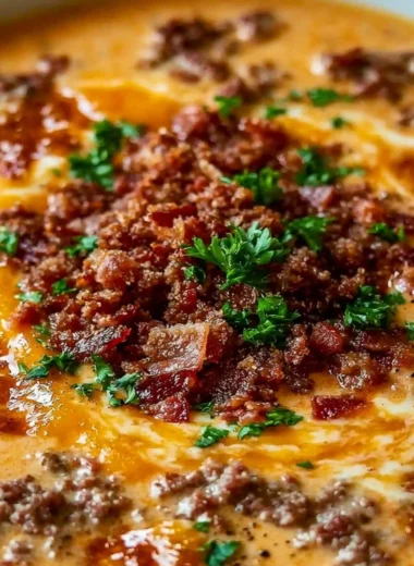 Bowl of easy Bacon Cheeseburger Soup garnished with cheese and bacon bits
