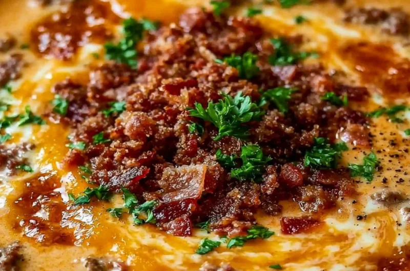 Bowl of easy Bacon Cheeseburger Soup garnished with cheese and bacon bits