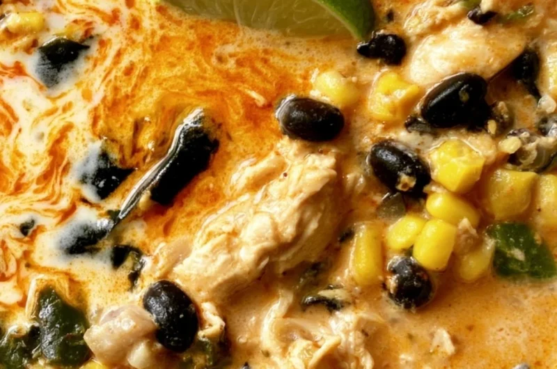 Bowl of easy chicken soup with poblano, black beans, and garnishes