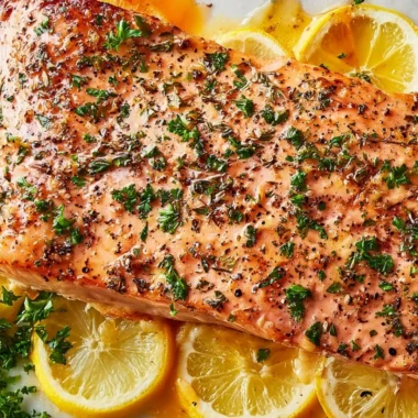 Healthy baked salmon in foil on a plate with vegetables.