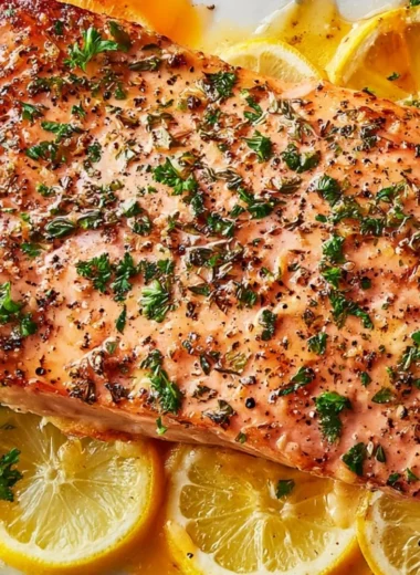 Healthy baked salmon in foil on a plate with vegetables.