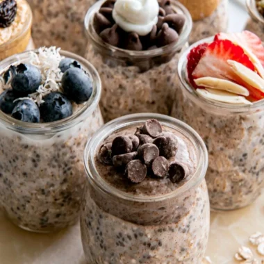 High-protein overnight oats topped with fresh fruits and nuts