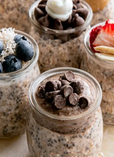 High-protein overnight oats topped with fresh fruits and nuts