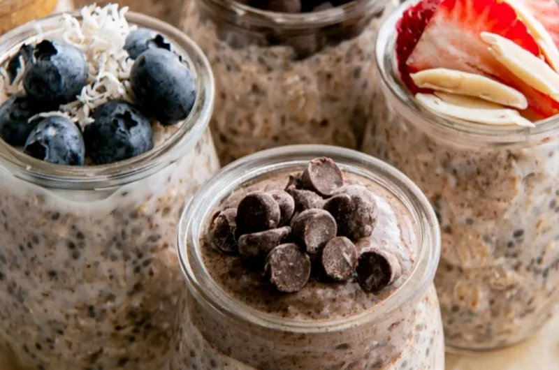 High-protein overnight oats topped with fresh fruits and nuts
