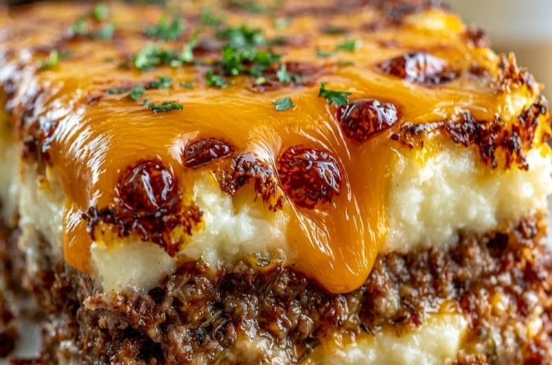 Delicious meatloaf served with creamy mashed potatoes and melted cheese