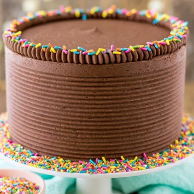 Moist yellow cake with chocolate frosting on a plate