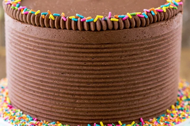 Moist yellow cake with chocolate frosting on a plate