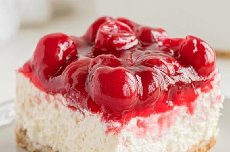 No Bake Cherry Cheesecake topped with fresh cherries and whipped cream