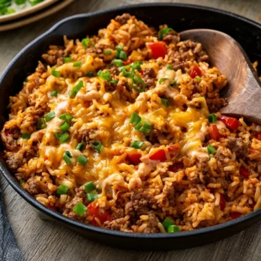 One Pot Cheesy Cajun Beef Rice served in a bowl with spices and cheese topping.