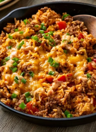 One Pot Cheesy Cajun Beef Rice served in a bowl with spices and cheese topping.