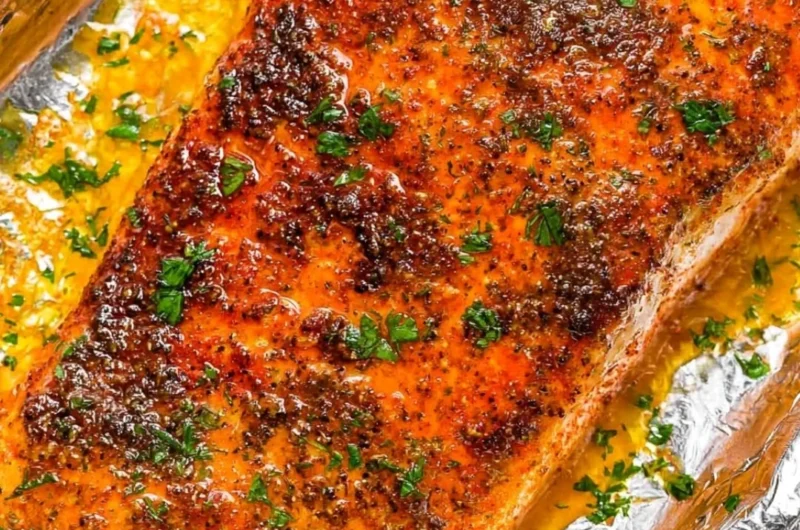 Delicious oven baked salmon with herbs and lemon on a plate