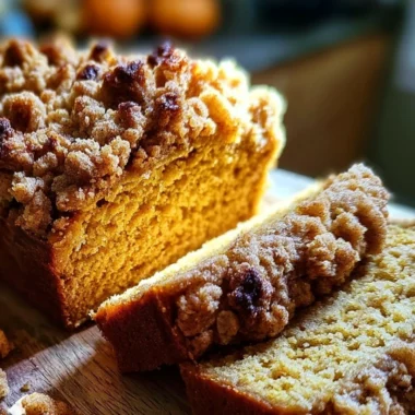 Sliced Pumpkin Streusel Bread topped with crumbly streusel and pumpkin seeds