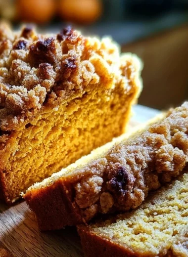 Sliced Pumpkin Streusel Bread topped with crumbly streusel and pumpkin seeds