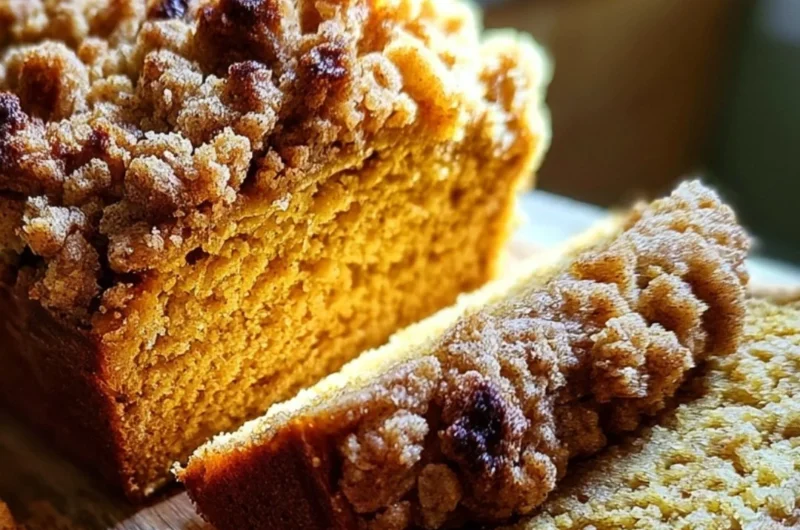 Sliced Pumpkin Streusel Bread topped with crumbly streusel and pumpkin seeds