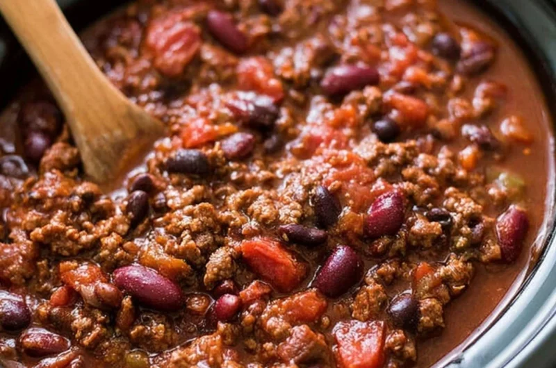 A bowl of delicious slow cooker chili with beans and spices.