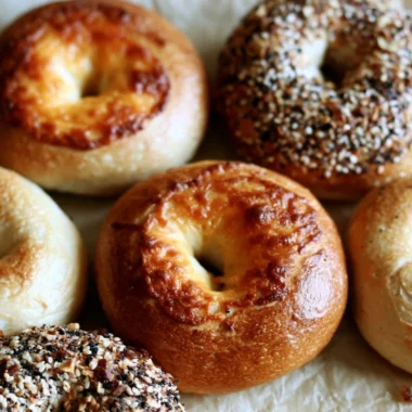 Homemade sourdough bagels with toppings on a wooden table