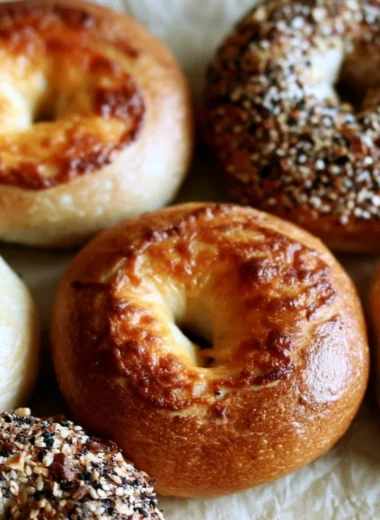 Homemade sourdough bagels with toppings on a wooden table
