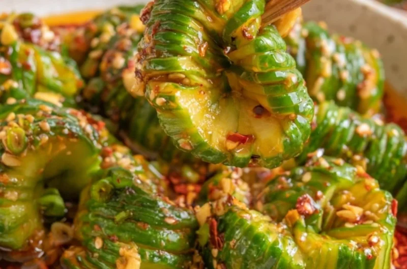 Fresh Spicy Asian Cucumber Salad with vibrant ingredients and spices.