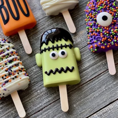 Colorful spooky Monster Cakesicles decorated for Halloween