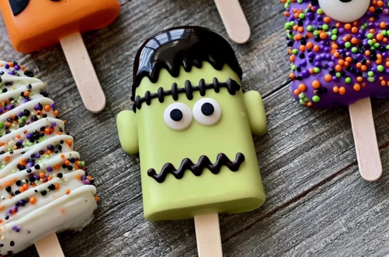 Colorful spooky Monster Cakesicles decorated for Halloween