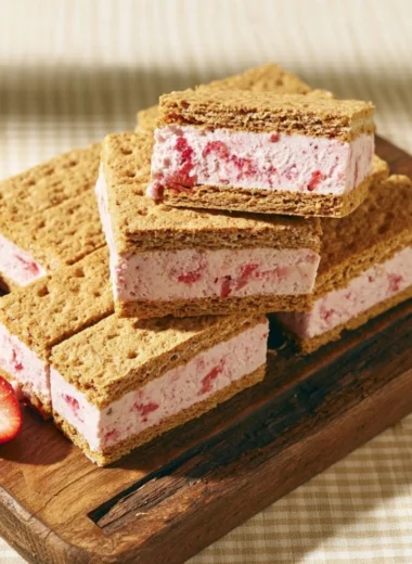 Homemade strawberry ice cream sandwiches with fresh strawberries and cookies.