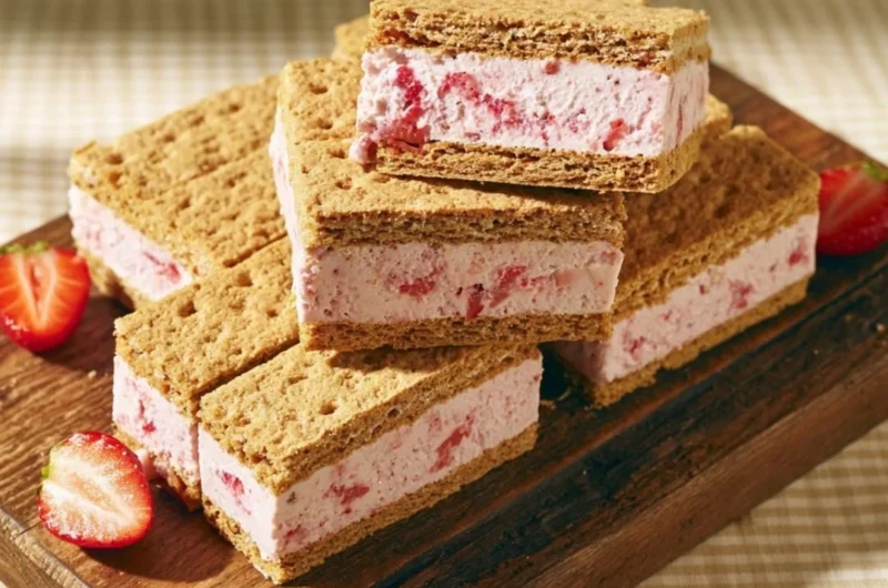 Homemade strawberry ice cream sandwiches with fresh strawberries and cookies.