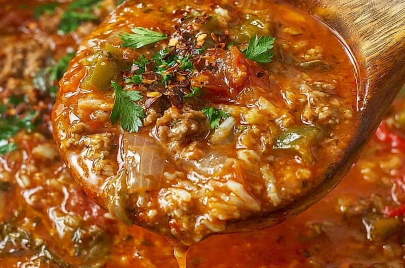 Delicious bowl of Stuffed Pepper Soup with colorful peppers and herbs