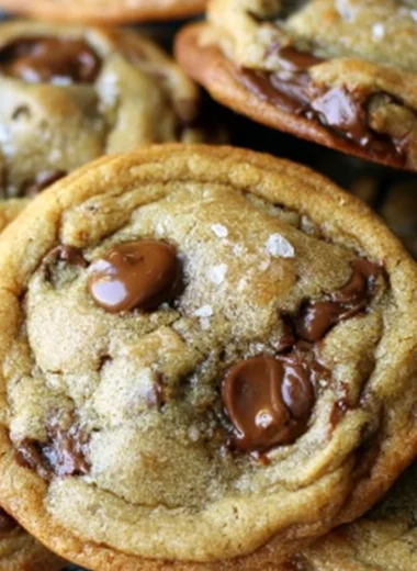Plate of delicious brown butter chocolate chip cookies on a wooden table