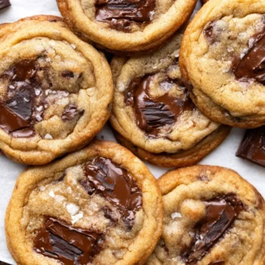 Delicious brown butter chocolate chip cookies on a baking tray