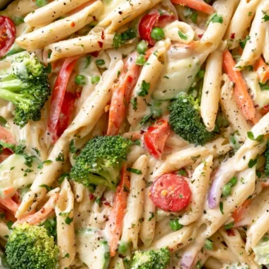 Creamy garden spring pasta featuring fresh vegetables and herbs.
