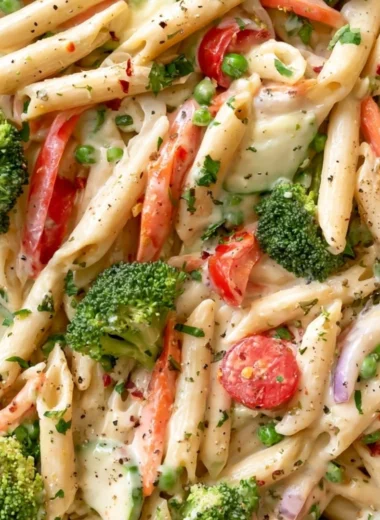 Creamy garden spring pasta featuring fresh vegetables and herbs.