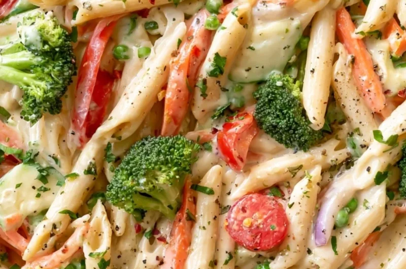Creamy garden spring pasta featuring fresh vegetables and herbs.