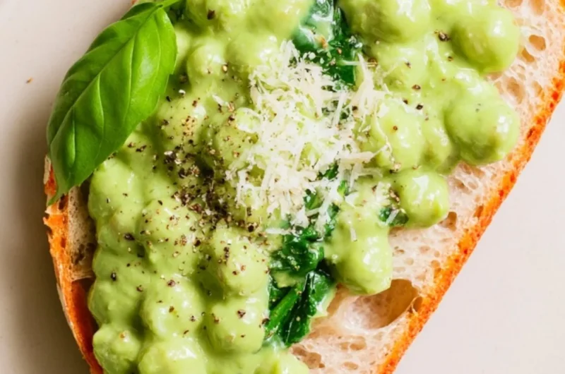 Creamy high protein pesto chickpeas served in a bowl
