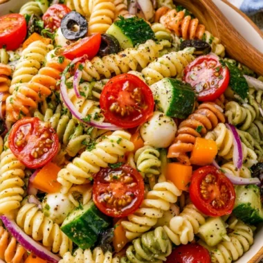 Italian Pasta Salad with colorful vegetables and dressing in a bowl