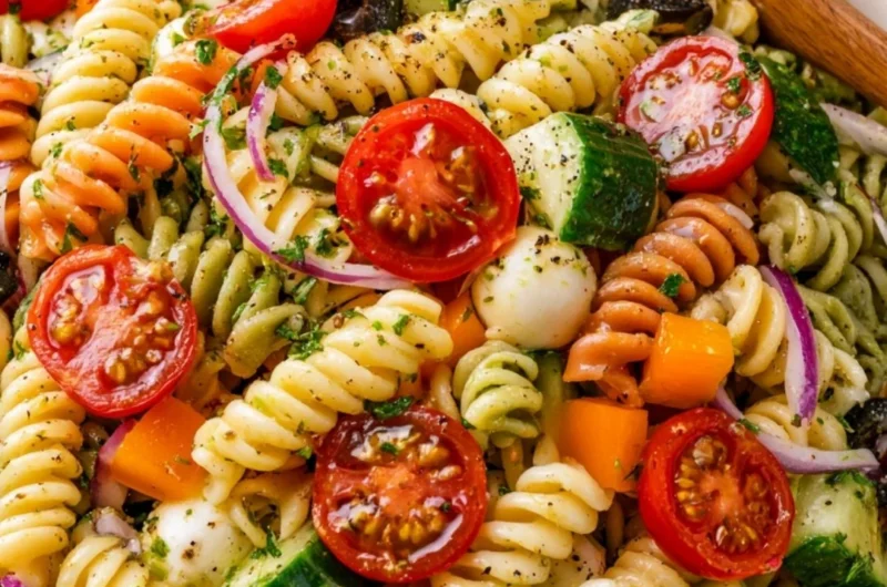 Italian Pasta Salad with colorful vegetables and dressing in a bowl