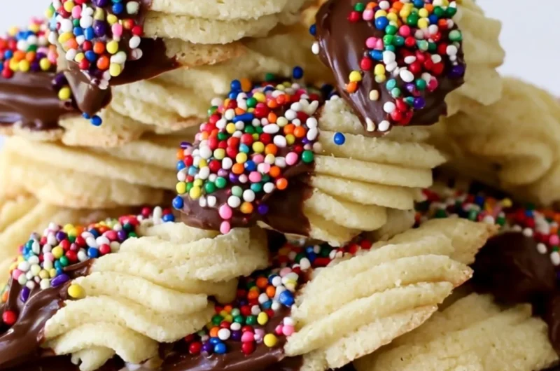 Plate of delicious Italian Spritz Cookies decorated with colorful sprinkles.