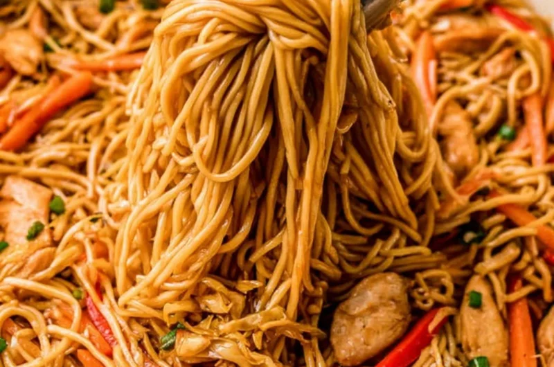Plate of quick and easy chicken lo mein with vegetables and noodles
